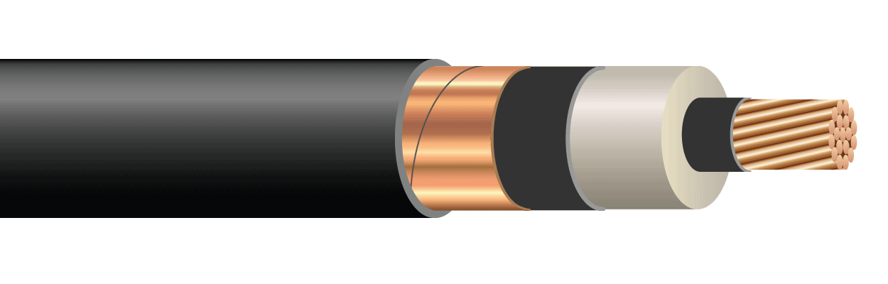 Cutaway view of a high-voltage cable showing conductor, insulation, shield, and jacket layers.