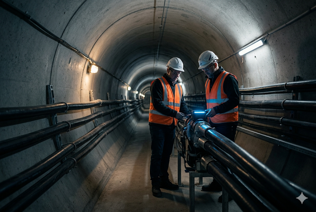CONINT engineers laying medium-voltage cable in an underground tunnel.